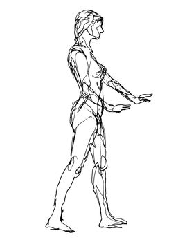 Doodle art illustration of a nude female human figure model posing standing done in continuous line drawing style in black and white on isolated background.