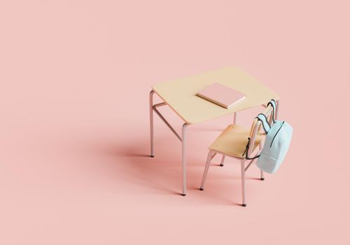 school desk with book and backpack on minimalist background and space for text. concept of education and back to school. 3d rendering