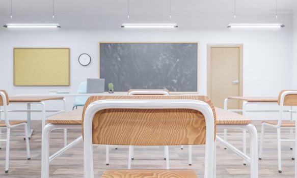 close up of school chair from behind in a classroom with blurred background. concept of education and back to school. 3d rendering