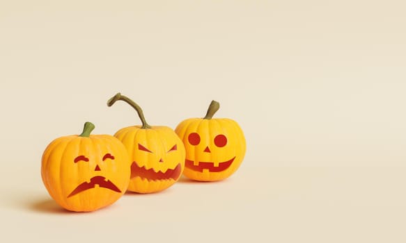 Halloween pumpkins on pastel background and space for text. 3d rendering