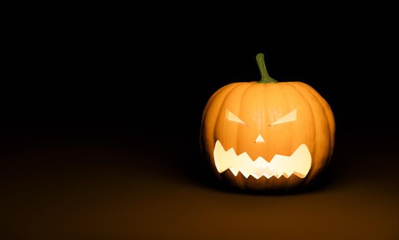 Halloween pumpkin with illuminated scary face on dark background and space for text. 3d rendering