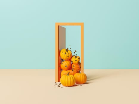 Minimalist door with pumpkins and autumn leaves entering in concept of beginning of autumn. 3d rendering