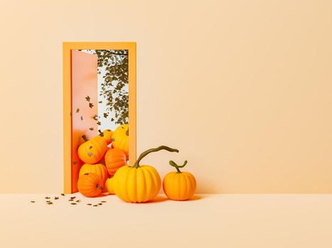 pumpkins on a minimalist door with a tree behind it dropping leaves. minimal concept of autumn arrival. autumn is coming. 3d rendering