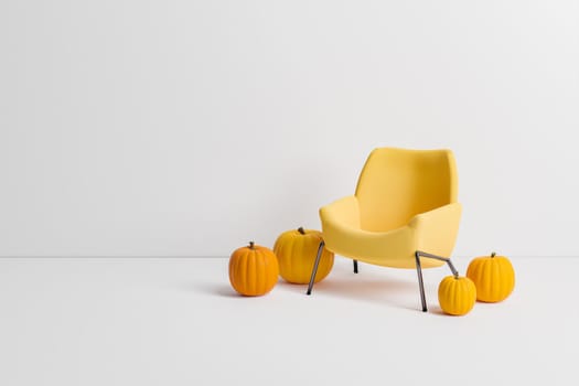 minimalist sofa with pumpkins around it on white background with space for text. minimal autumn concept. 3d rendering