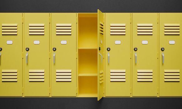 yellow lockers on dark wall with one of them open. concept of school, gym, security and storage. 3d rendering