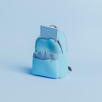 open backpack with pencils and books coming out on minimalist background with blue tones. concept of education and back to school. 3d rendering