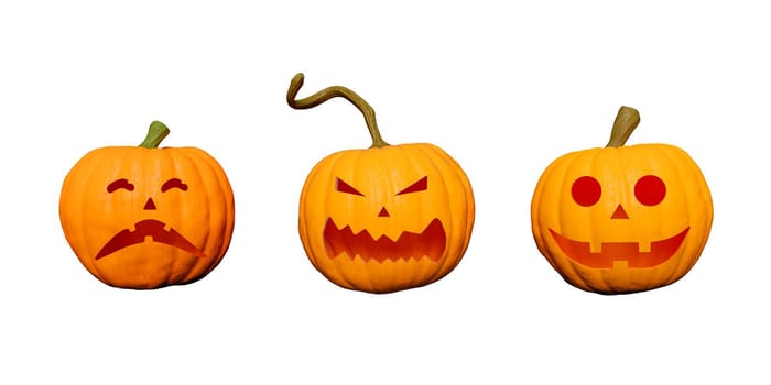 Halloween pumpkins with faces isolated on white background. happiness, fear and terror. 3d rendering