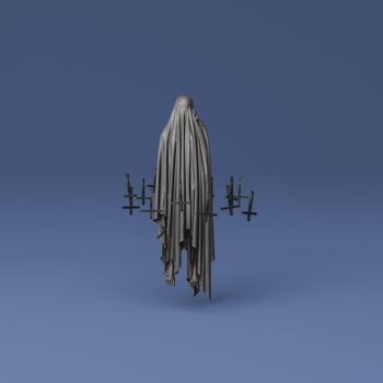 evil spirit with dark cloth and inverted crosses floating around. Halloween and horror concept. 3d rendering