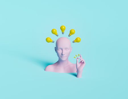 female bust with light bulbs floating above her head and snapping her fingers. minimalistic concept of a great idea and success. 3d rendering