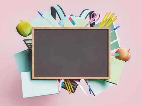 Empty blackboard with wooden frame and school supplies floating behind in concept of back to school, education and learning. 3d rendering