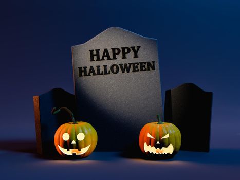 happy halloween sign on a tombstone with illuminated pumpkins and a dark and mysterious background. halloween concept. 3d rendering