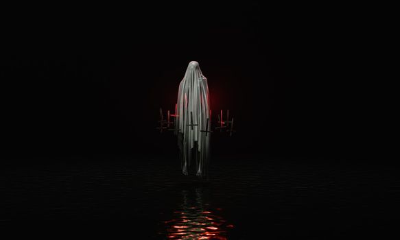 ghost with dark cloth and red lighting with inverted crosses around it over a gloomy lake. Halloween and horror concept. 3d rendering