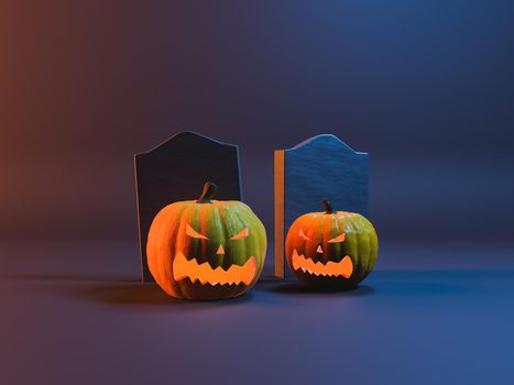 Illuminated Halloween pumpkins with graves behind them and spooky lighting. 3d rendering