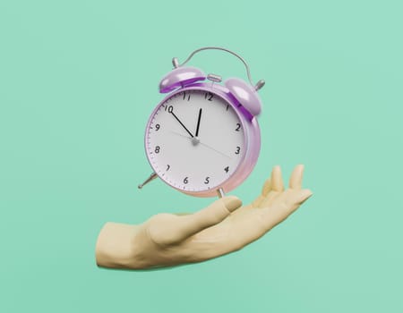 hand with an alarm clock floating above it in concept of time control. 3d rendering