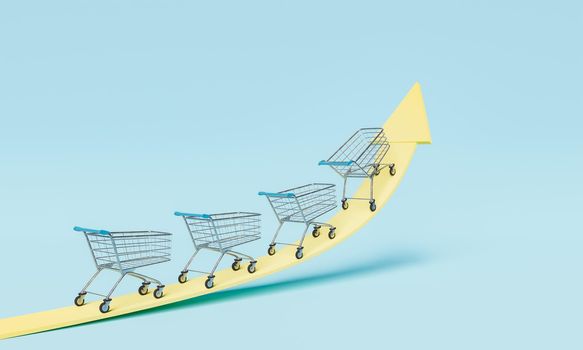 shopping carts going up an arrow in concept of increased sales and commerce. 3d rendering