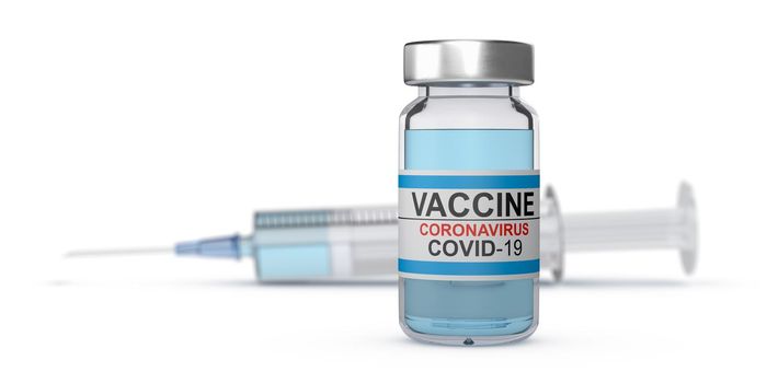Coronavirus vaccine vial and syringe in the background. 3D rendering