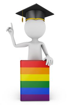 Student wearing a hat with a raised hand and a book with the flag of the lgbt community. 3d render.