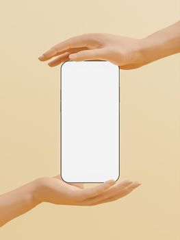 mockup of mobile phone with hands around and beige background. 3d rendering