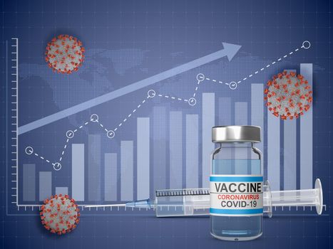 Syringe, vaccine and coronaviruses on the background of the graphic. 3d render.