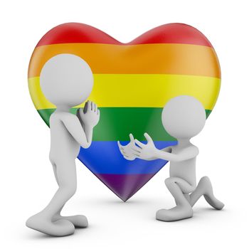 Two faceless people on the background of the heart with the flag of the lgbt community. 3d render.