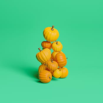 pumpkins stacked and floating on green background in minimalist autumn and halloween concept. 3d rendering