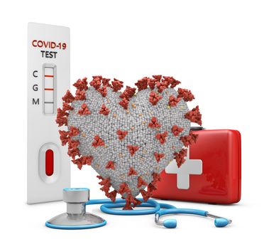 Coronavirus in the shape of a heart next to a stethoscope, a red suitcase and a test. 3D rendering.
