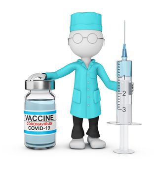 A doctor in a lab coat with a syringe stands next to a bottle of coronavirus vaccine. 3d render.