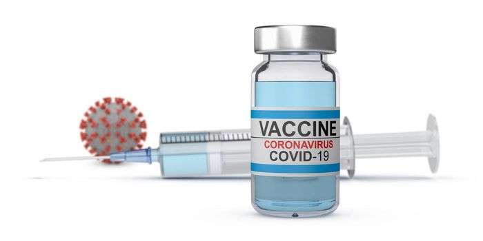 Coronavirus vaccine vial with syringe and coronavirus in the background. 3D rendering