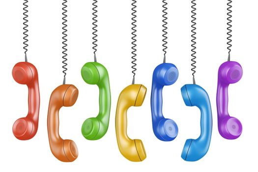 Handsets of different colors hang from spiral cables. 3d render.