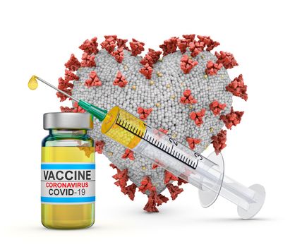 Coronavirus in the shape of a heart next to a syringe and a vaccine. 3D rendering.