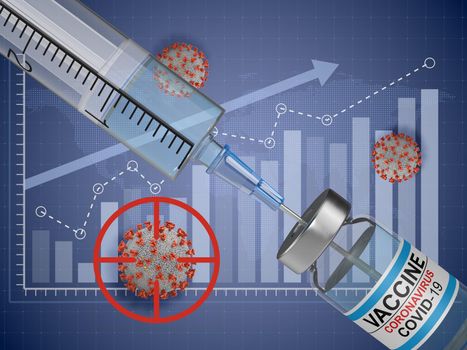 Syringe, vaccine and coronaviruses on the background of the graphic. 3d render.