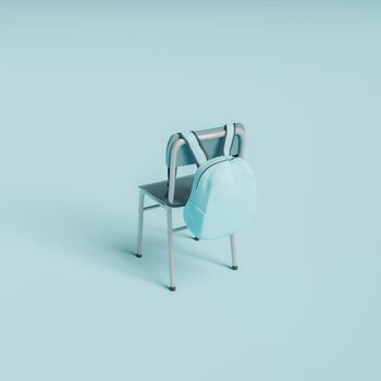 solitary school chair with backpack hanging in blue tones. minimal concept of education and back to school. 3d rendering
