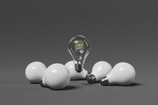 light bulb floating around white light bulbs. minimal concept idea, stand out and succeed. 3d rendering