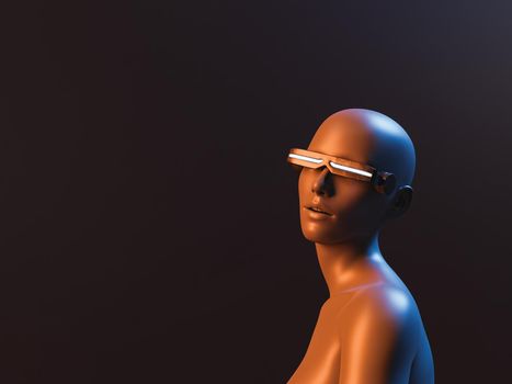 portrait of a character with futuristic glasses and neon lighting on a dark background. 3d rendering