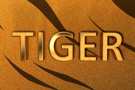 3D illustration depicting the word Tiger, consisting of golden letters on a background of a tiger skin