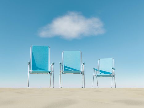 large, medium and small outdoor chairs on the beach sand with a cloud on top. summer vacation concept. 3d rendering