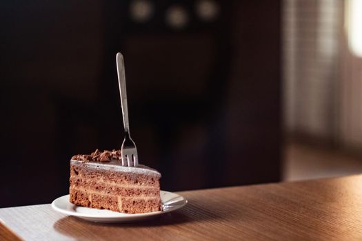 Chocolate cake on a plate and fork close up, copy space