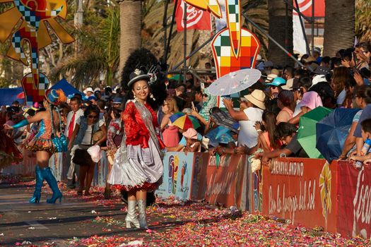 Arica, Chile - January 23, 2016: Morenada dance group performing a traditional ritual dance as part of the Carnaval Andino con la Fuerza del Sol in Arica, Chile.