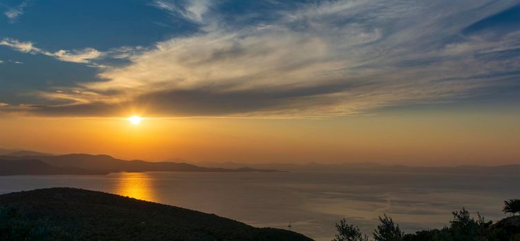 Beautiful sunset over the Aegean Sea in Pelion Peninsula, Greece.