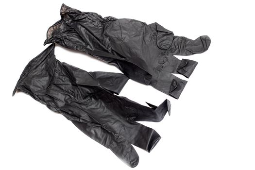 Black latex medical gloves close up, isolated on white background