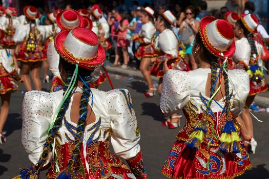 ARICA, CHILE - JANUARY 22, 2016: Caporales dance group performing at the annual Carnaval Andino con la Fuerza del Sol in Arica, Chile.