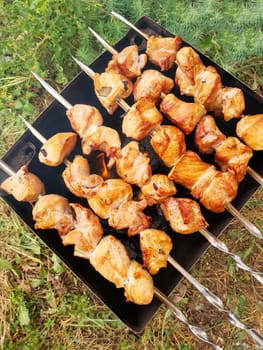 Meat skewers on skewers close-up in nature in summer.