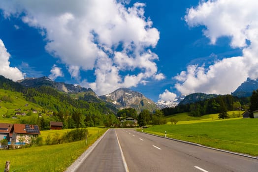 Countryside road in village, Alt Sankt Johann, Sankt Gallen, Switzerland.