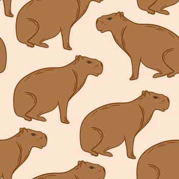 Hand drawn seamless pattern of cute capybara animal in beige brown on white background. Wild wildlife nature, zoo zoology animal mascot, rodent silhouette furry species, simple minimalist line design.