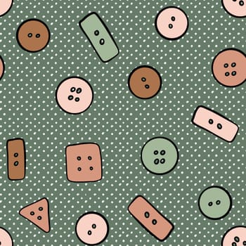 Hand drawn seamless pattern with tbeige brown button sewing crafts dressmaking items. Sage green neutral polka dot background, tailor cute sew print, handmade needwork business hobby, fabric for dresses