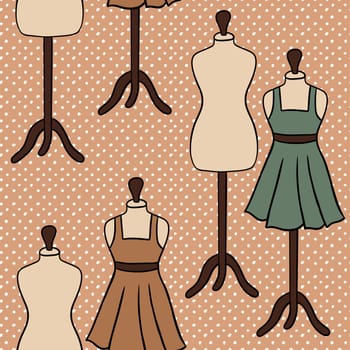 Hand drawn seamless pattern with mannequin dress clothes sewing crafts dressmaking items. Sage green brown beige polka dot background, tailor cute sew print, handmade needwork business hobby, fabric