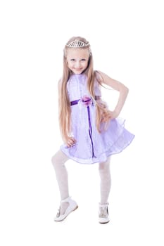 Full length portrait of beautiful little girl in purple dress. Isolated on white
