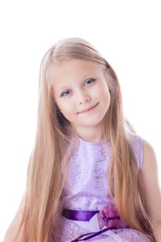 Portrait of pretty blonde little girl in purple dress. Isolated on white