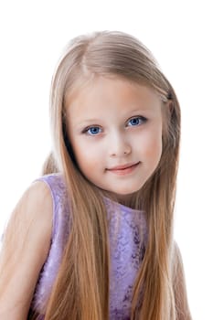 Portrait of beautiful blonde little girl in purple dress. Isolated on white