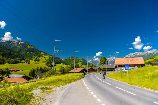 Road in the village Darstetten in Frutigen-Niedersimmental, Bern, Switzerland.